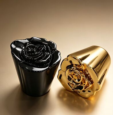 Buy Luxury Rose Sculpted Perfume Cap in Gold & Black Zinc Alloy online manufacture