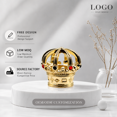 Buy Luxury Hollow King Crown Zamac Perfume Cap Gold Plated Inlaid Rhinestone Royal Fragrance Lid Zinc Alloy Metal Parfum Bottle Cover Custom Logo FEA15 For Dubai Oud Attar Perfume Bottle online manufacture
