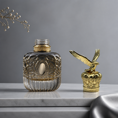 Buy Luxury 3D Spread Wings Eagle Zamac Perfume Cap Gold Plated Embossed Royal Crown Base Animal Sculpture Fragrance Lid Zinc Alloy Metal Parfum Bottle Cover Custom Logo FEA15 For Perfume Bottle online manufacture
