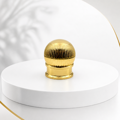 Buy Wholesale High Gloss Gold Vertical Line Pumpkin Ball Perfume Bottle Cap With Double Tier Base Ribbed Spherical Zamac Closure OEM Custom Engrave Logo Middle East Luxury Fragrance Packaging online manufacture