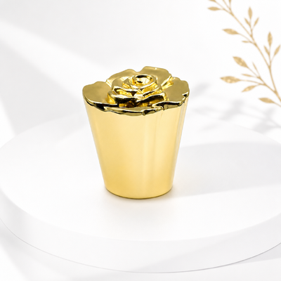 Buy Factory Custom Logo Mirror Polished 3D Rose Flower Zamac Perfume Cap Gloss Gold Zinc Alloy Tapered Cone Floral Lid Compatible FEA15 Glass Women Oud Perfume Bottles online manufacture
