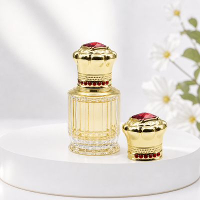 Buy Wholesale High Gloss Mirror Gold Royal Crown Perfume Bottle Cap With Square Red Diamond Top & Circle Red Rhinestone Belt Heavy Zamac Closure OEM Custom Engrave Logo Middle East Luxury Fragrance online manufacture