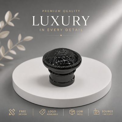 Buy Wholesale Double Layer Base Zinc Alloy Perfume Lid With Top Relief Floral Bead Trim Black Metal Perfume Cap OEM ODM Custom Logo online manufacture