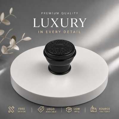 Buy Source Factory Custom Embossed Zinc Alloy Perfume Cap Black Gloss Relief Floral Metal Perfume Lid Low MOQ Custom Logo Printing Service online manufacture