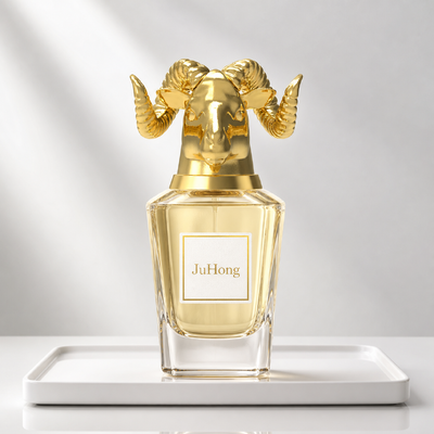 Buy Luxury 3D Ram Head Sculpture Zamak Perfume Cap with Custom Engraved Logo and Ancient Gold Plating online manufacture
