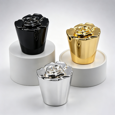 Buy FEA15 Zinc Alloy Perfume Cap 3D Rose Flower Top Tapered Cup‑Shaped Body Electroplated Metal Perfume Bottle Lid Custom Logo OEM ODM Zamac perfume Cap online manufacture