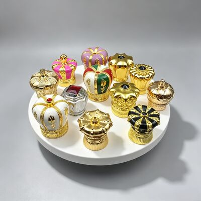 Buy FEA15 Zinc Alloy Crown Perfume Caps Assorted Styles Embossed Carved Inlaid Rhinestone Enamel Painted Luxury Metal Perfume Bottle Lids Custom Logo OEM ODM Zamac Perfume Caps online manufacture