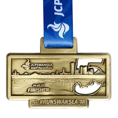 Buy Blue Ribbon Rectangle Gold Engraved Zinc Alloy Custom Medals online manufacture