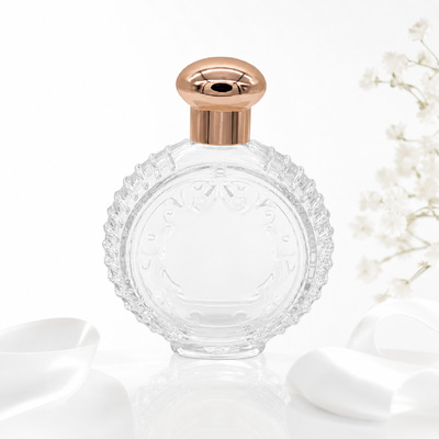 Premium Zamak Perfume Bottle Cap with Rose Gold Embossed Top, Airtight Seal, and CNC Carved Design
