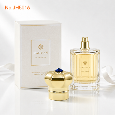 Hot Selling Dubai Saudi Luxury Mirror Gold 8 Petal Crown Zamac Perfume Cap JH5016 Single Sapphire Blue Crystal Smooth Royal Metal Oud Attar Bottle Cover Custom Engraved Logo