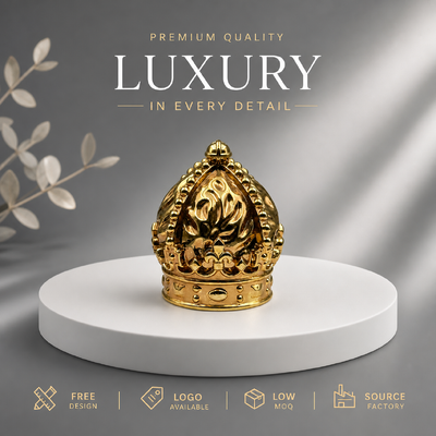 Premium Royal Embossed Floral Beaded Crown Mirror Gold Zinc Alloy Perfume Cap Solid Heavy Zamac Metal Lid For Luxury Designer Perfume Packaging Magnetic