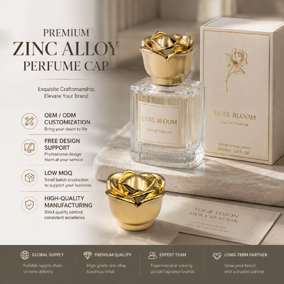 Sculptured Golden Rose Shape Metal Perfume Cap Electroplating Zamac Perfume Bottle Top Custom High-end Perfume Packaging Accessory Magnetic