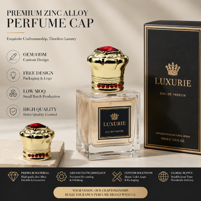 Luxury Crown Shape Zinc Alloy Perfume Cap Inlaid Red Rhinestone Custom Logo Gold Plated Zamac Metal Perfume Bottle Lid OEM High-End Fragrance Bottle Cover Magnetic
