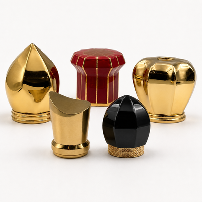 Luxury Geometric Zamac Perfume Cap Gold Black Red Multi‑Facet Sculpted Metal Perfume Bottle Lid Custom Logo For Fragrance Glass Bottle
