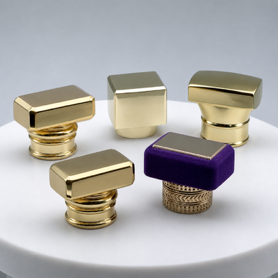 Wholesale Zinc Alloy Perfume Cap Square Rectangle Shape Gold Plated Velvet Decor Perfume Bottle Closure Custom Logo Accept