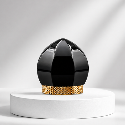 Glossy Black Lotus Zamac Perfume Cap With Gold Mesh Base Luxury Metal Fragrance Bottle Lid Custom Logo