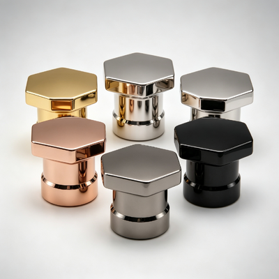 Luxury Hexagonal Flat Top Zinc Alloy Perfume Cap Geometric Shape Accent Ring Base Zamac Perfume Bottle Lid Multi‑Color Electroplating Custom Logo OEM ODM