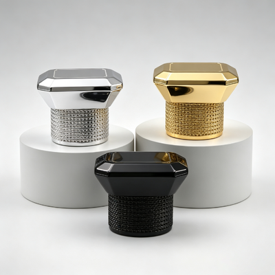Luxury Multi‑Faceted Octagonal Zinc Alloy Perfume Cap Embossed Mesh Pattern Base Zamac Perfume Bottle Lid Multi‑Color Mirror Electroplating Custom Logo OEM ODM