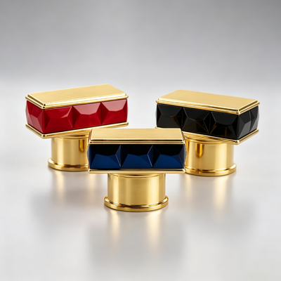 Luxury Horizontal Rectangle Top Zinc Alloy Perfume Cap Faceted Color Inlay Gold Plated Frame Zamac Perfume Bottle Lid Custom Logo OEM ODM
