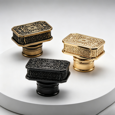 Luxury Ornate Embossed Floral Carving Zinc Alloy Perfume Cap Horizontal Octagonal Rectangle Zamac Perfume Bottle Lid Antique Gold Black Multi‑Color Custom Logo OEM ODM