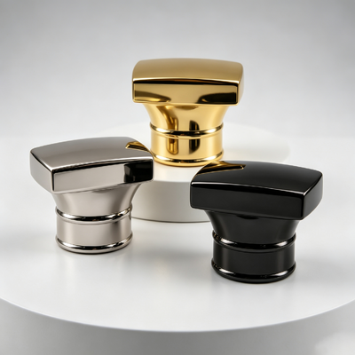 Factory Wholesale Angled Rectangular Zamac Perfume Cap Tapered Flared Waist Double Ring Decoration Metal Perfume Bottle Cover Gold Gunmetal Black Custom Logo OEM