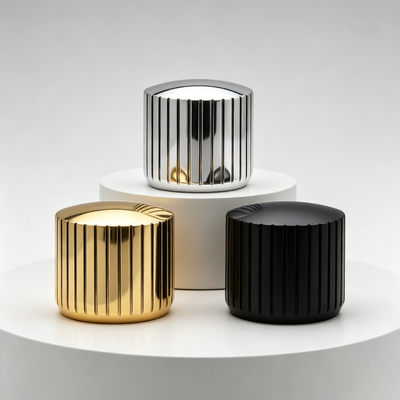 Source Factory Cylindrical Vertical Ribbed Zinc Alloy Perfume Cap FEA15 Fit Rounded Top Embossed Zamac Perfume Bottle Lid Multi‑Color Electroplating Custom Logo OEM ODM